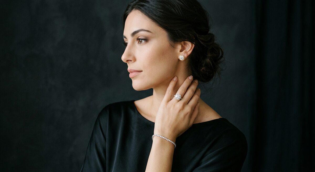 Diamond studs, a cushion halo ring and a tennis bracelet, worn